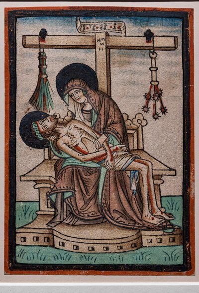 Vesperbeeld (Rouw), aquarel houtsnede door Duitse graveur, ca. 1450. De symbolen van Christus