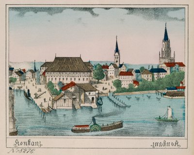 Uitzicht op Konstanz met de haven, Konzil en kathedraal, uit Neuruppiner Bilderbogen, 1830 door German School