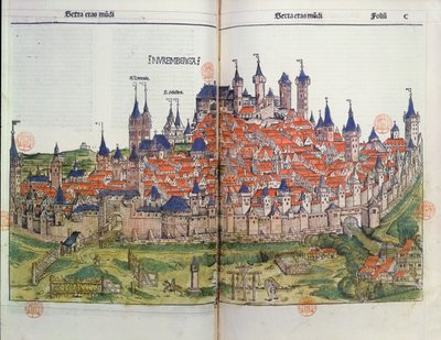 Uitzicht op de stad Neurenberg, uit de Neurenberg Kroniek door Hartmann Schedel, 1493 door German School