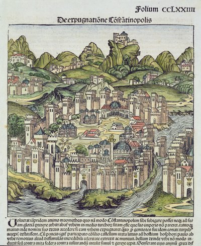 Uitzicht op de ommuurde stad Constantinopel, uit de Neurenberg Kroniek door Hartmann Schedel (1440-1514) 1493 door German School