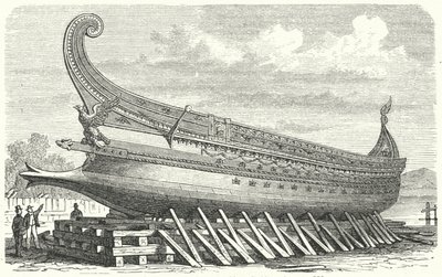 Oorlogsschip ontworpen door Napoleon III van Frankrijk gebaseerd op een oude Romeinse trireem (gravure) door German School