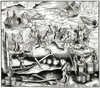 Walvisvangst, naar een houtsnede in Cosmographie Universelle van Munster, gepubliceerd 1552 door German School