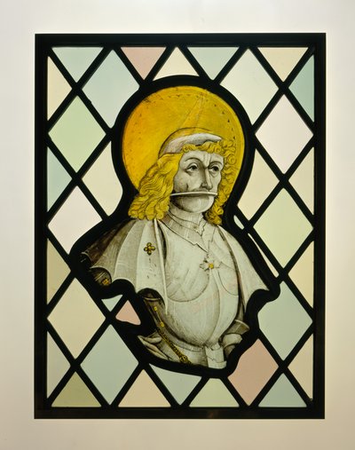 Fragment van raampaneel met gepantserde heilige door German School