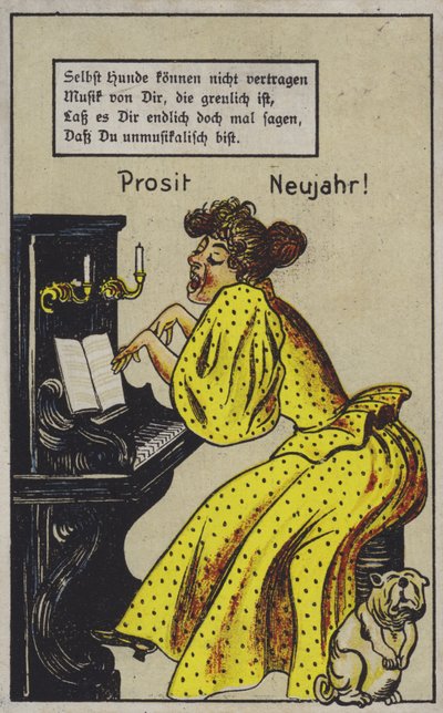 Vrouw die op een zeer expressieve manier piano speelt, tot onrust van een hond (kleur litho) door German School