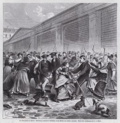 Vrouwen van de markt van Les Halles bevrijden leden van de geestelijkheid uit gevangenschap, Parijs Commune door German School
