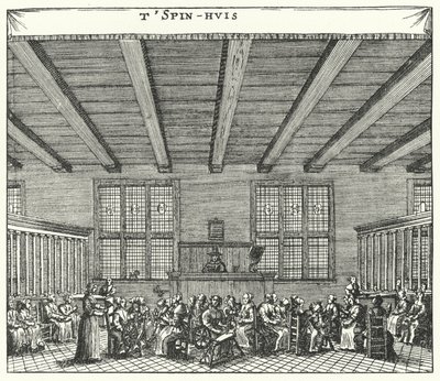 Vrouwelijke gevangenen in het Spinhuis in Amsterdam gedwongen te spinnen als een methode van correctie voor prostitutie en andere misdaden (gravure) door German School