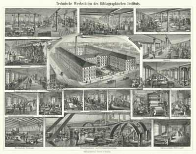 Werkplaatsen van het Bibliographisches Institut, Leipzig, Duitsland (gravure) door German School