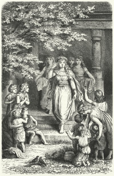 Jonge Duitse vrouwen dragen kransen om het festival van Eostre (Ostara) te vieren door German School
