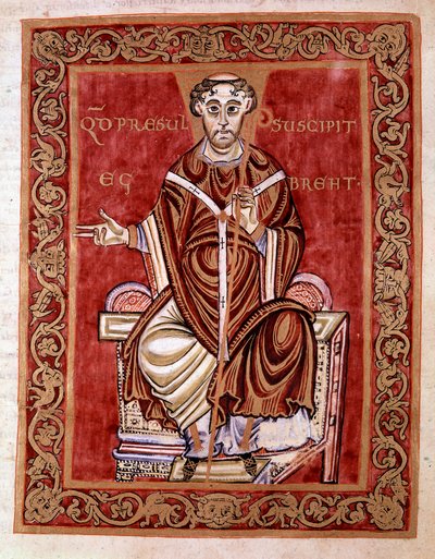 De bisschop Egbert van Trier ontvangt de psalter uit handen van de monnik Rudprecht (niet afgebeeld) - Miniatuur van de Codex van Egbert (Codex Egberti) door de school van Reichenau, 980 - Cividale del Friuli, archeologisch museum of Kathedraal van Cividal door German School