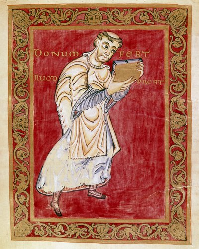 De monnik Ruodprecht brengt het manuscript naar de aartsbisschop Egbert van Trier (977-993). Miniatuur van de Codex van Egbert (Codex Egberti) door de school van Reichenau door German School