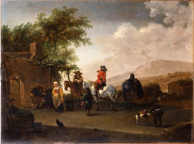 Reizigers te paard nemen verfrissing op een bergpas, in een Italiaans landschap door Gerrit Adriaensz Berckheyde