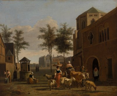 Uitzicht op een stad met figuren, geiten en wagen voor een kerk door Gerrit Adriaensz. Berckheyde