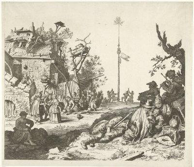 Rustende Roma familie voor een vervallen herberg door Gerrit Adriaensz. de Heer