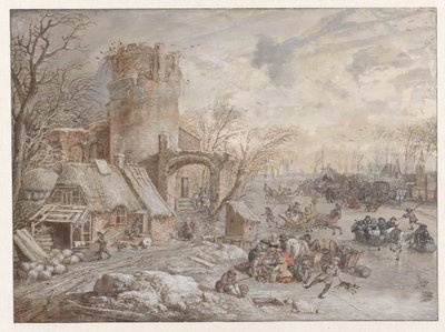 Winterlandschap met ijsvermaak door Gerrit Battem