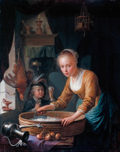 Frans: Jeune fille hachant des oignons Meisje dat uien hakt door Gerrit Dou