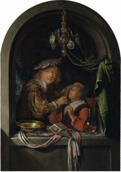 Duits: Der Zahnarzt Een barbier-chirurg die een meisje onderzoekt door Gerrit Dou