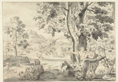 Bomenrijk landschap met een herder, een man en een vrouw door Gerrit Grasdorp (possibly)
