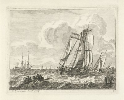 Zeilschepen en een roeiboot op open water door Gerrit Groenewegen