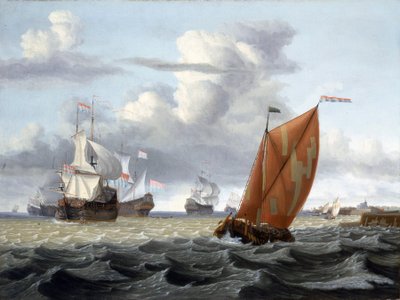 Navigatie voor een Nederlandse haven, met de toren van een kerk en enkele gebouwen, waarschijnlijk Enkhuizen (Nederland) aan de Zuiderzee en beschrijving van een grote verscheidenheid aan schepen door Gerrit Pompe