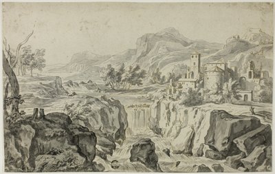 Italiaans landschap met waterval en gebouwen door Gerrit Rademaker