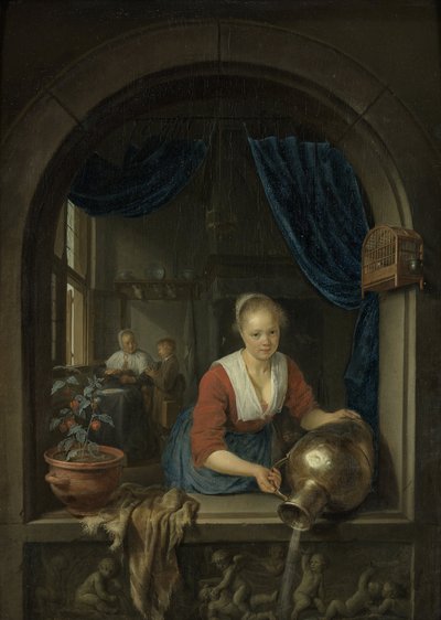 Dienstmeisje bij het raam, ca.1660 (olieverf op paneel) door Gerrit or Gerard Dou