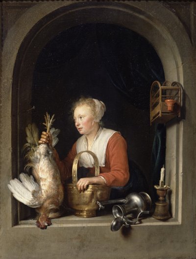 De Nederlandse Huisvrouw of De Vrouw die een Haan in het Raam Hangt, 1650 door Gerrit Dou