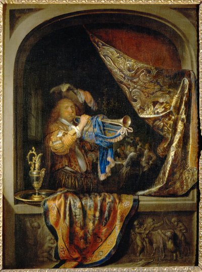 De trompettist, op de achtergrond een feest ... door Gerrit or Gerard Dou