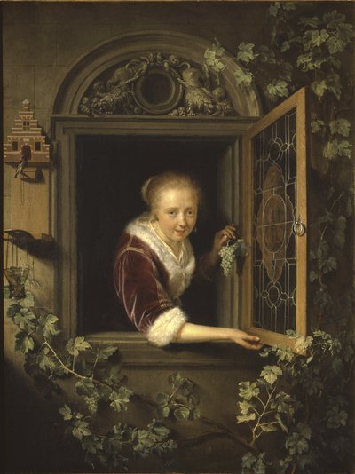 Jonge vrouw bij het raam met een tros druiven door Gerrit Dou