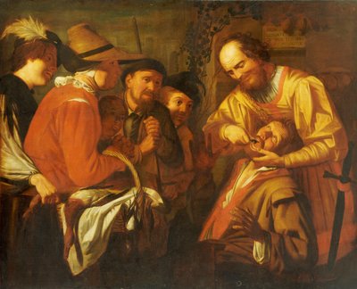 Een kwakzalver tandarts die een tand trekt, terwijl een groep toeschouwers toekijkt door Gerrit van Honthorst