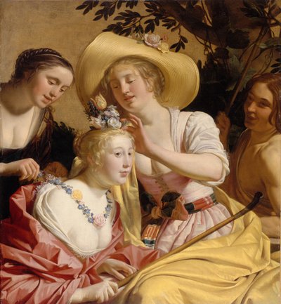Een Herderin Versierd met Bloemen door Gerrit van Honthorst