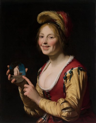 Lachend Meisje, een Courtisane, die een Obsceen Beeld Vasthoudt door Gerrit van Honthorst