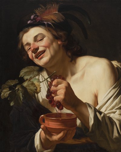 Lachende Jonge Man die Druiven Perst, 1622 door Gerrit van Honthorst