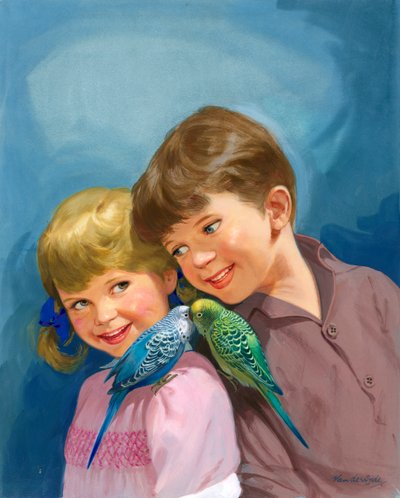 Jongen en meisje met grasparkieten door Gerritt Vandersyde