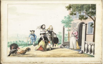 Stel begroet een dame bij de deur van een landhuis door Gesina ter Borch (signed by artist)