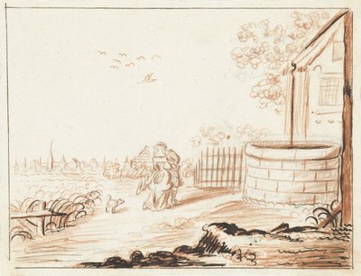 Heer en dame elkaar begroetend voor een landhuis door Gesina ter Borch