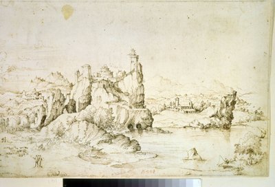 Een kasteel op een rots in berglandschap door Gherardo Cibo