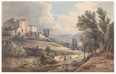 Landschap met een villa op een heuvel en een brug in de omgeving van Cava door Giacinto Gigante
