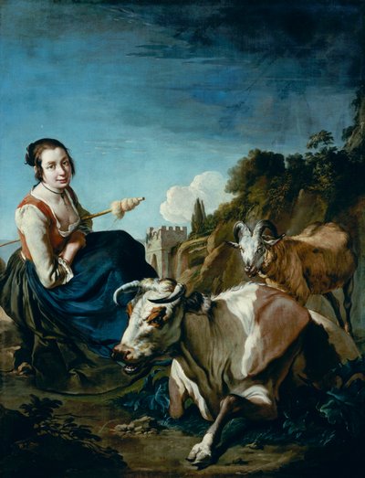 Een meisje met een koe en schapen in een rotsachtig landschap, c.1700 door Giacomo Ceruti