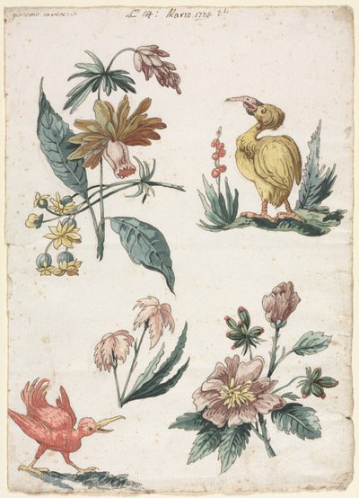 Bloemmotieven met twee vogels, 1774 door Giacomo Cavenezia