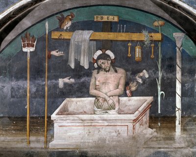 Christus omringd door symbolen van de Passie, fresco door Giacomo Jaquerio (1375-1453), abdij van Sint-Antonius van Ranverso, Buttigliera Alta, Piëmont, Italië door Giacomo Jaquerio