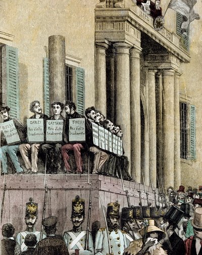 Risorgimento: leden van de Giovine Italia-beweging voor het Paleis van Justitie in Milaan, luisterend naar het vonnis dat hen veroordeelt tot ballingschap in 1848 door Giacomo Mantegazza