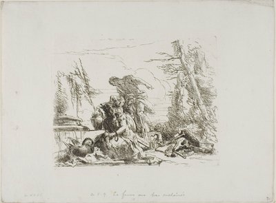 Een vrouw met haar armen in kettingen en vier andere figuren, uit Capricci door Giambattista Tiepolo