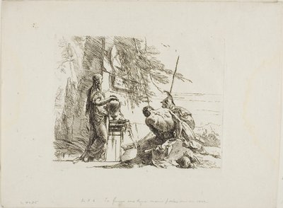 Een vrouw met haar handen op een vaas, soldaat en slaaf, uit Capricci door Giambattista Tiepolo