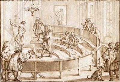 De Academia Clementina, Bologna, met een naaktmodel dat door de tekenmeester in positie wordt gebracht, met daarachter de Farnese Hercules (zwart krijt, pen en bruine inkt met bruine wassing) door Giampietro Zanotti