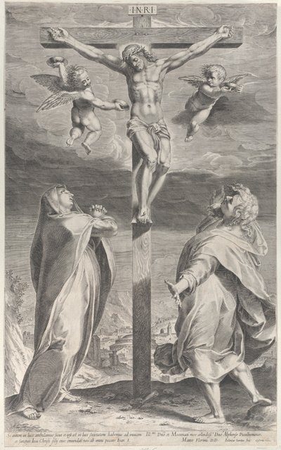 Kruisiging met de Maagd Maria en Sint Johannes de Evangelist, engelen boven door Gijsbert Van Veen