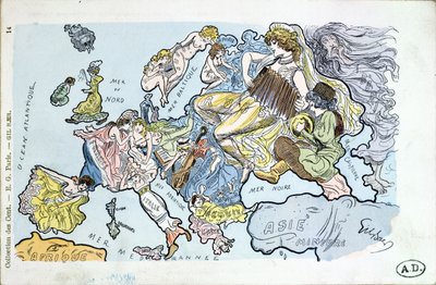 Ansichtkaart die de landen van Europa als vrouwen afbeeldt door Gil Baer