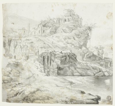 Rotsachtig voorgebergte met ruïnes en watervallen (recto); schets van klif met gebouwen (verso) door Giles Edme Petit