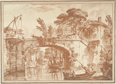 Zuidelijk landschap met brug en huizen bij rivier door Gilles Demarteau