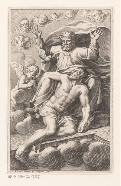 Drieëenheid op wolken omgeven door cherubs door Gilles Rousselet