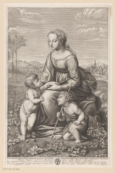 Maria met kind en Johannes de Doper in weidelandschap door Gilles Rousselet